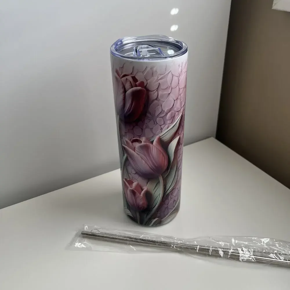 Custom Printed 20oz Tumbler Beautiful Tulip Design Lid Straw And Straw Cleaner